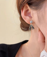 Elegant Black Sterling Silver Zircon Pearl Tassel Drop Earrings