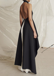 Elegant Black Turtleneck Asymmetrical Patchwork Maxi Vestidos Dresses Sleeveless