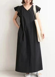 Elegant Black V Neck Patchwork Ruffled Cotton Maxi Dresses Summer