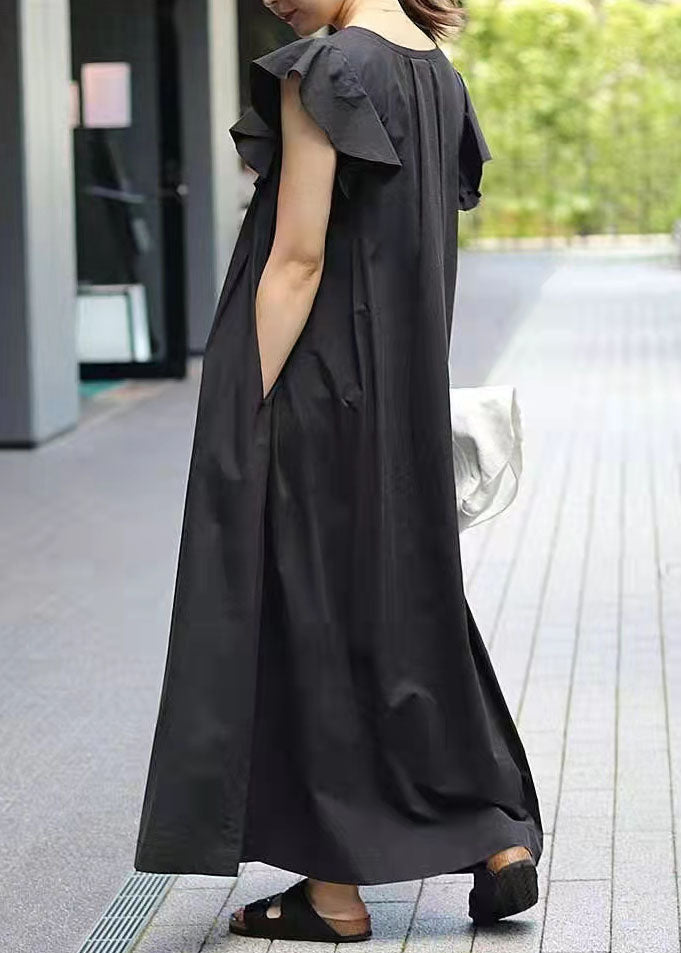 Elegant Black V Neck Patchwork Ruffled Cotton Maxi Dresses Summer