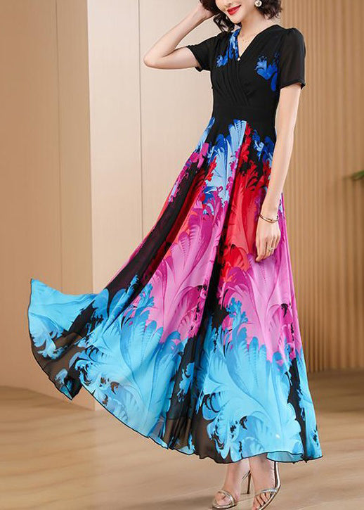 Elegant Black V Neck Print High Waist Chiffon Maxi Dresses Summer