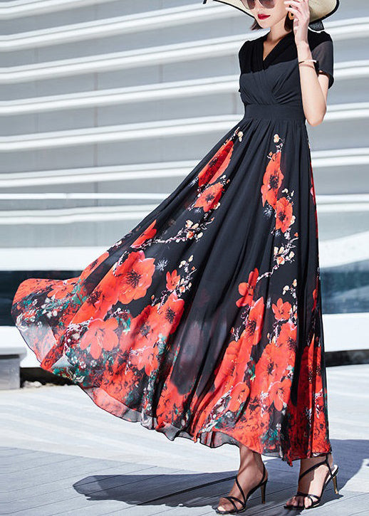 Elegant Black V Neck Print Wrinkled Chiffon Long Dresses Summer