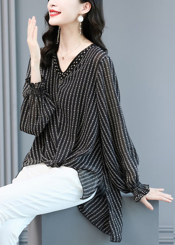 Elegant Black V Neck Striped Side Open Low High Design Chiffon Shirts Long Sleeve