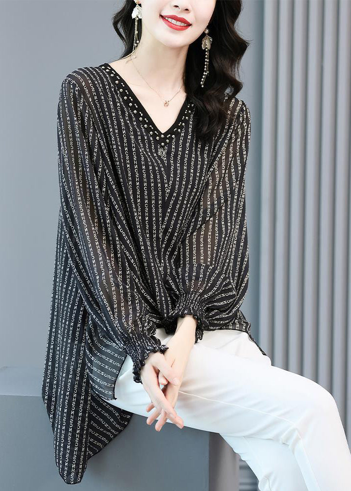 Elegant Black V Neck Striped Side Open Low High Design Chiffon Shirts Long Sleeve