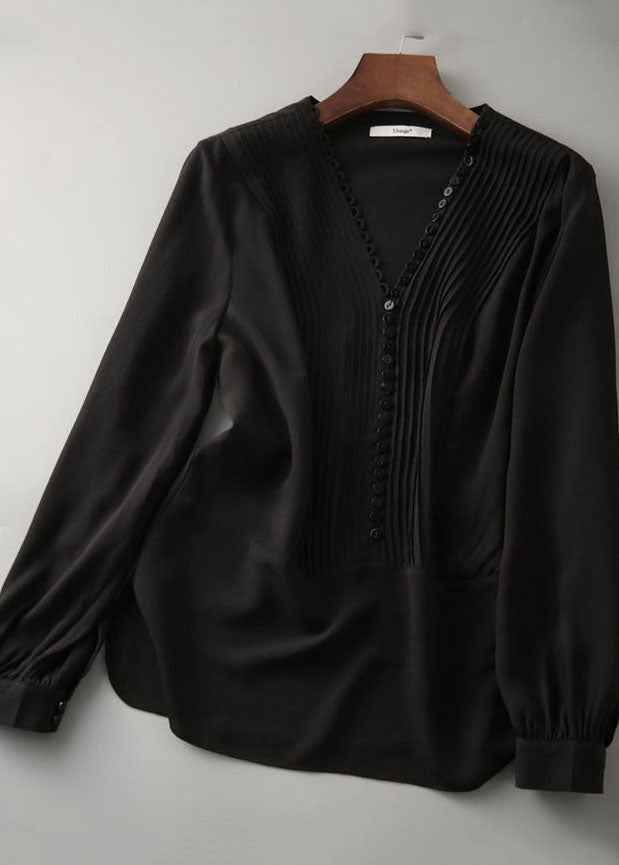 Elegant Black V Neck Wrinkled Button Silk Shirts Long Sleeve