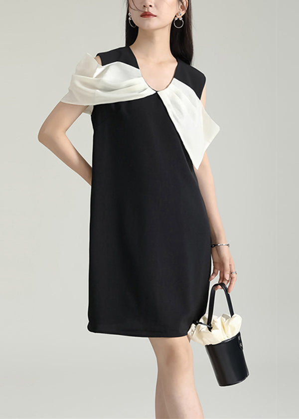 Elegant Black Wrinkled Patchwork Cotton Mid Dress Sleeveless