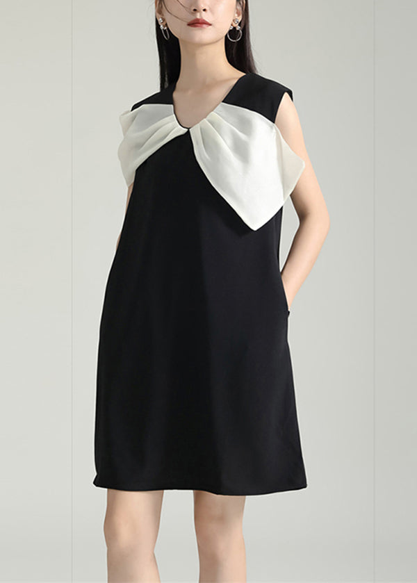 Elegant Black Wrinkled Patchwork Cotton Mid Dress Sleeveless