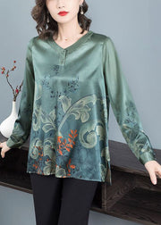 Elegant Blackish Green O Neck Print Patchwork Silk Top Fall