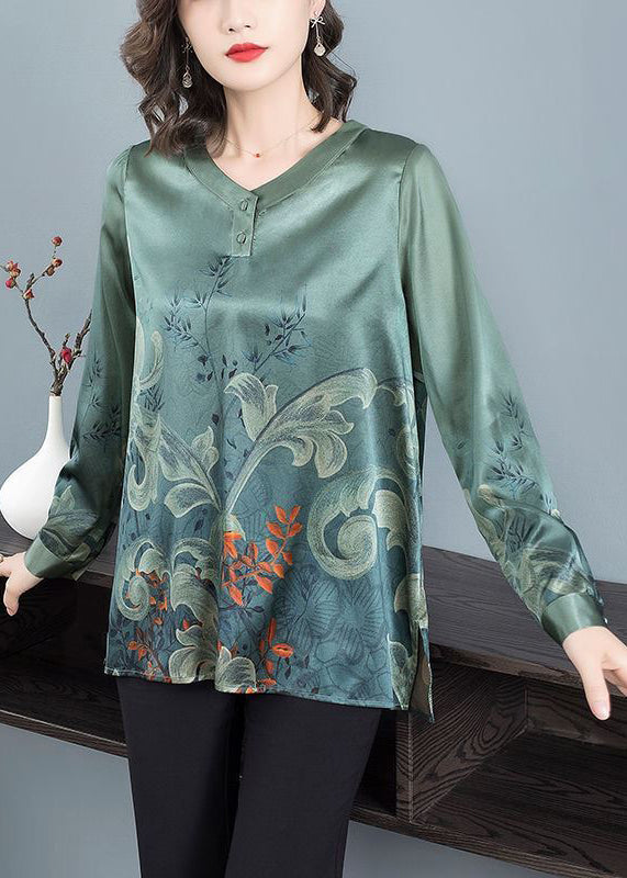 Elegant Blackish Green O Neck Print Patchwork Silk Top Fall