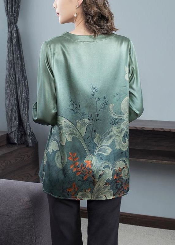 Elegant Blackish Green O Neck Print Patchwork Silk Top Fall