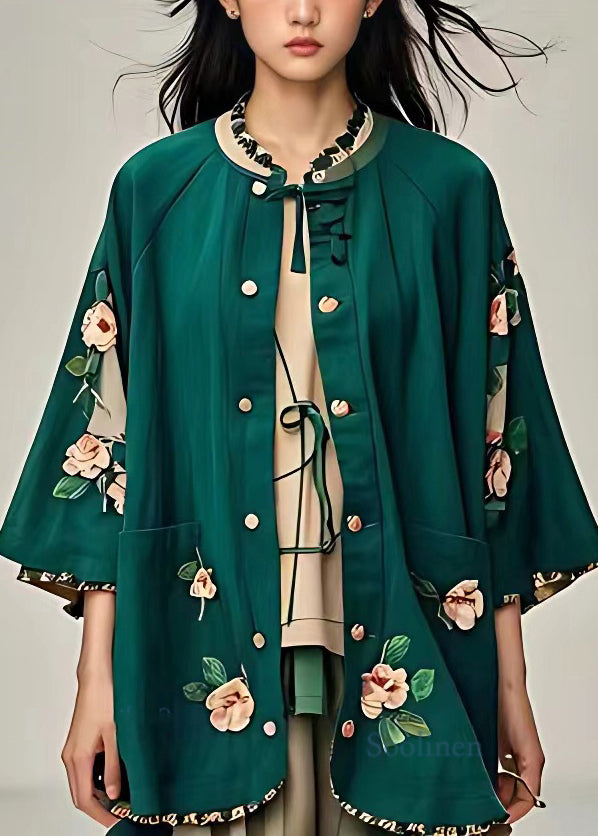 Elegant Blackish Green Ruffled Floral Button Coats Fall