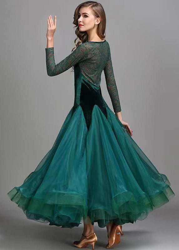 Elegant Blackish Green V Neck Patchwork Velour Dance Dress Long Sleeve