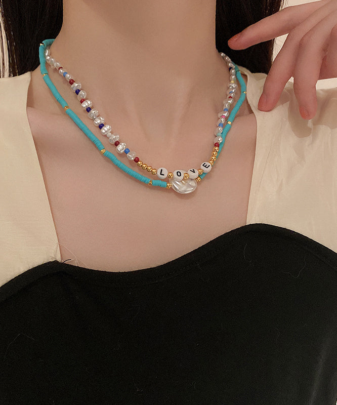 Elegant Blue Alloy Acrylic Pearl Bilayer Beading Graduated Bead Necklace