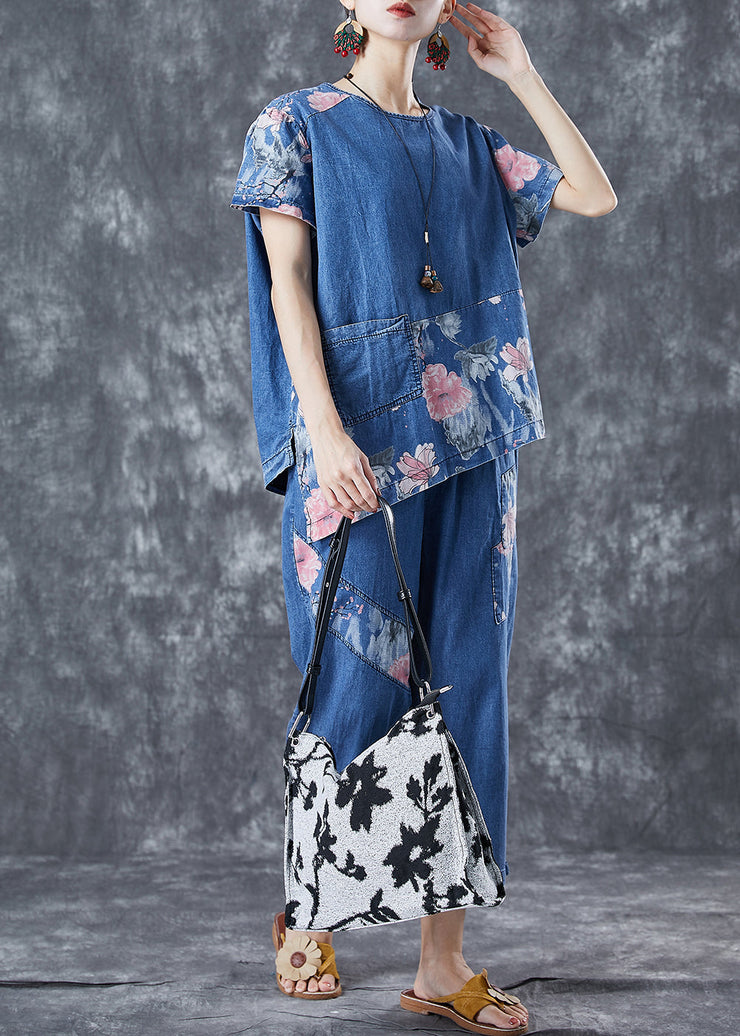 Elegant Blue Asymmetrical Patchwork Print Denim Two-Piece Set Spring