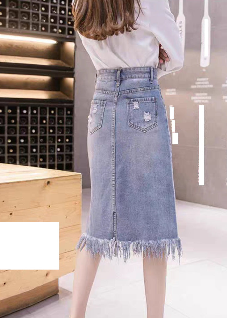 Elegant Blue Asymmetrical Patchwork Tassel Hole Denim Skirts Summer