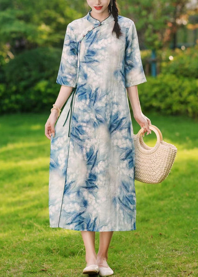 Elegant Blue Button Print Lace Up Linen Long Dresses Summer