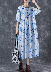 Elegant Blue Dot Oversized Patchwork Linen Maxi Dresses Summer