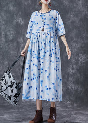 Elegant Blue Dot Oversized Patchwork Linen Maxi Dresses Summer