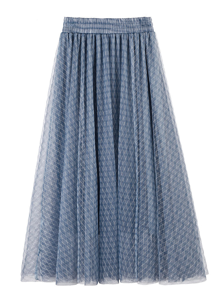 Elegant Blue Elastic Waist Plaid Tulle A Line Skirts Spring