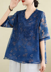 Elegant Blue Embroidered Floral T Shirts Summer