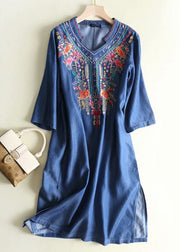 Elegant Blue Embroidered Side Open Denim Dresses Summer