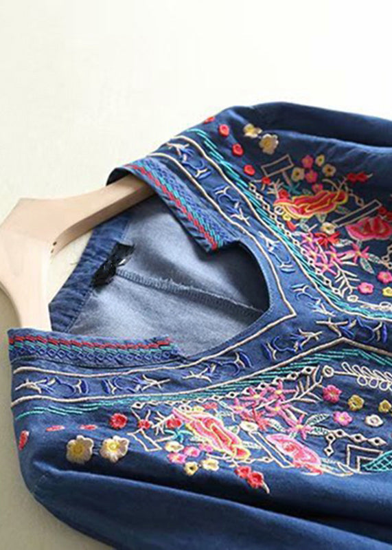 Elegant Blue Embroidered Side Open Denim Dresses Summer