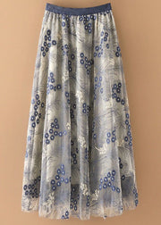 Elegant Blue Embroidery Wrinkled Tulle Skirts Summer