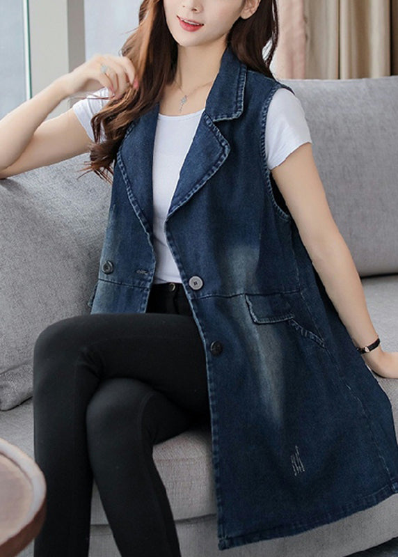 Elegant Blue Notched Patchwork Button Denim Waistcoat Fall