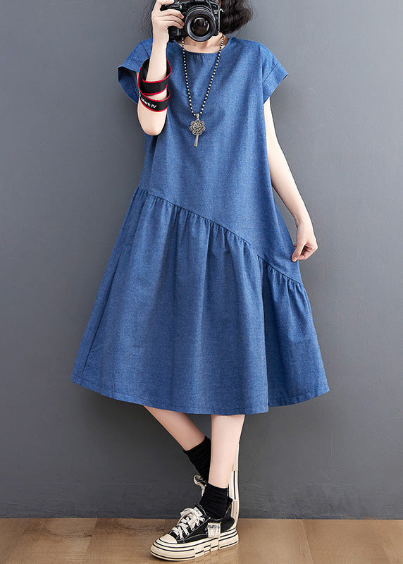 Elegant Blue O-Neck Patchwork Silk Denim Maxi Dress Summer