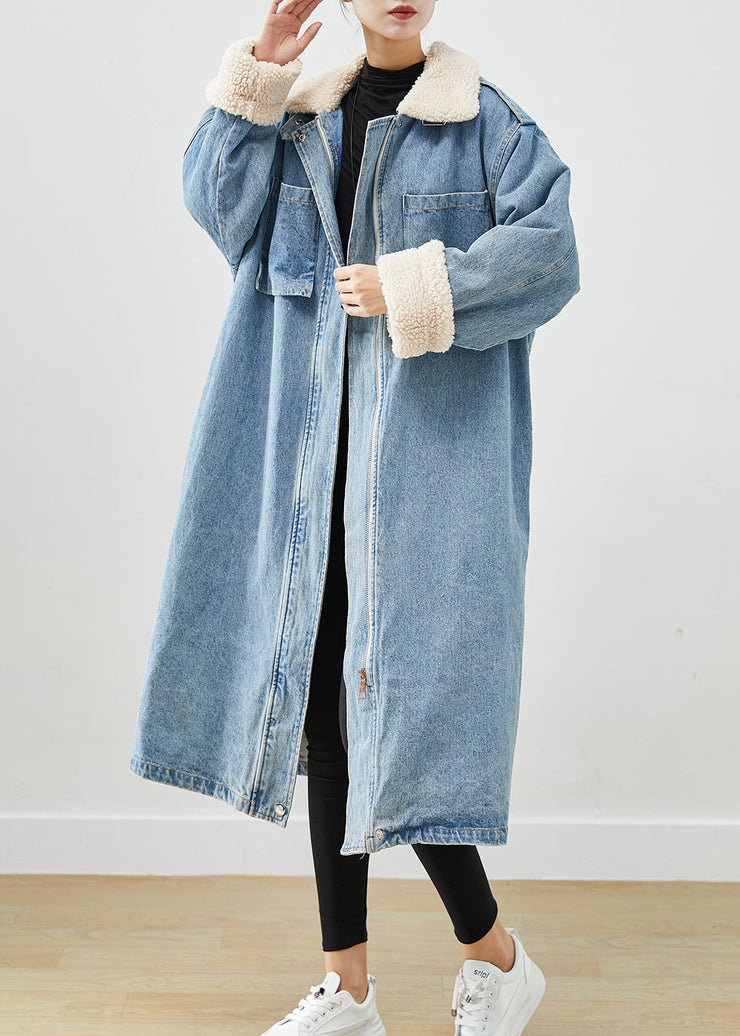 Elegant Blue Oversized Pockets Fleece Wool Lined Denim Trench Fall