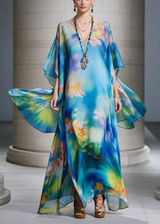 Elegant Blue Oversized Print Chiffon Beach Dress Summer