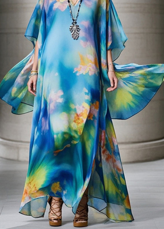 Elegant Blue Oversized Print Chiffon Beach Dress Summer