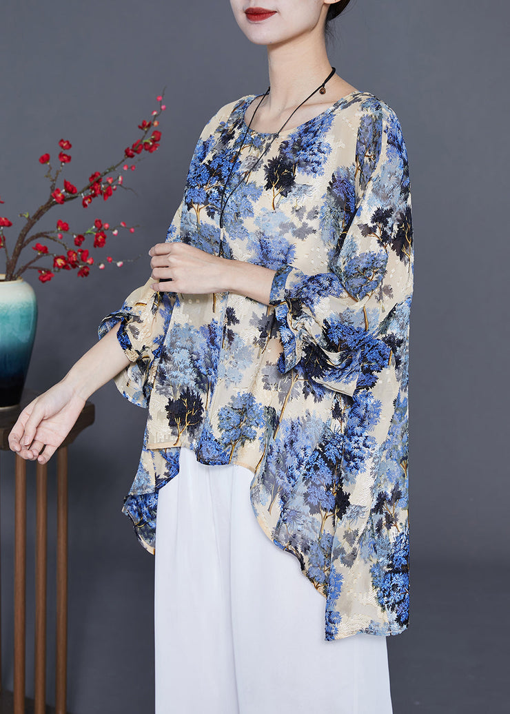 Elegant Blue Oversized Print Silk Blouse Tops Summer