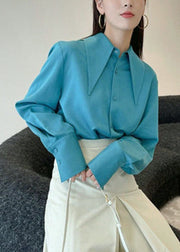 Elegant Blue Peter Pan Collar Button Draping Shirt Long Sleeve