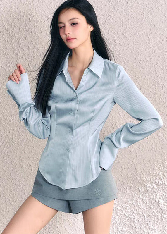 Elegant Blue Peter Pan Collar Button Silk Shirt Fall