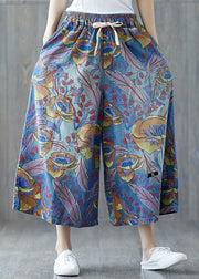 Elegant Blue Pockets Print Wide Leg Crop Pants Summer