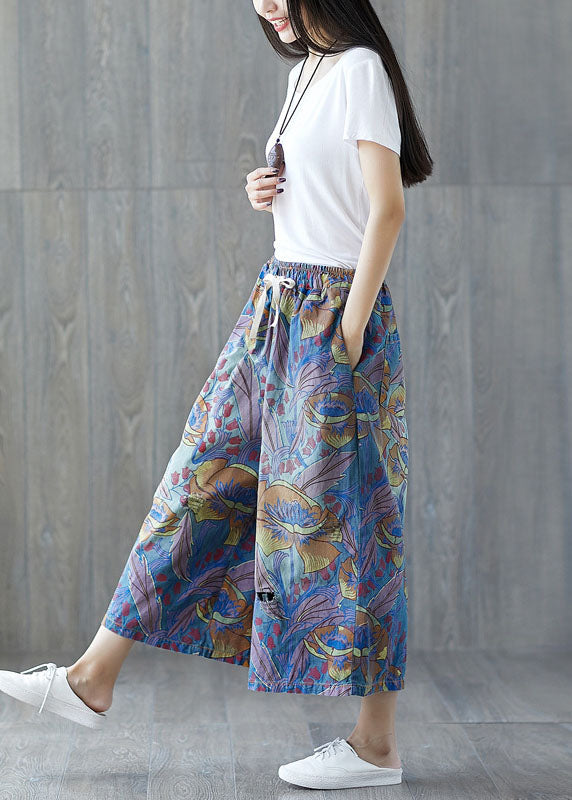 Elegant Blue Pockets Print Wide Leg Crop Pants Summer