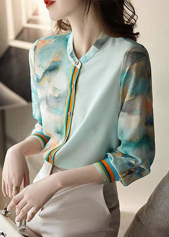 Elegant Blue Print Button Silk Blouses Spring