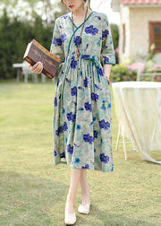 Elegant Blue Print Pockets Drawstring Cotton Dress Half Sleeve