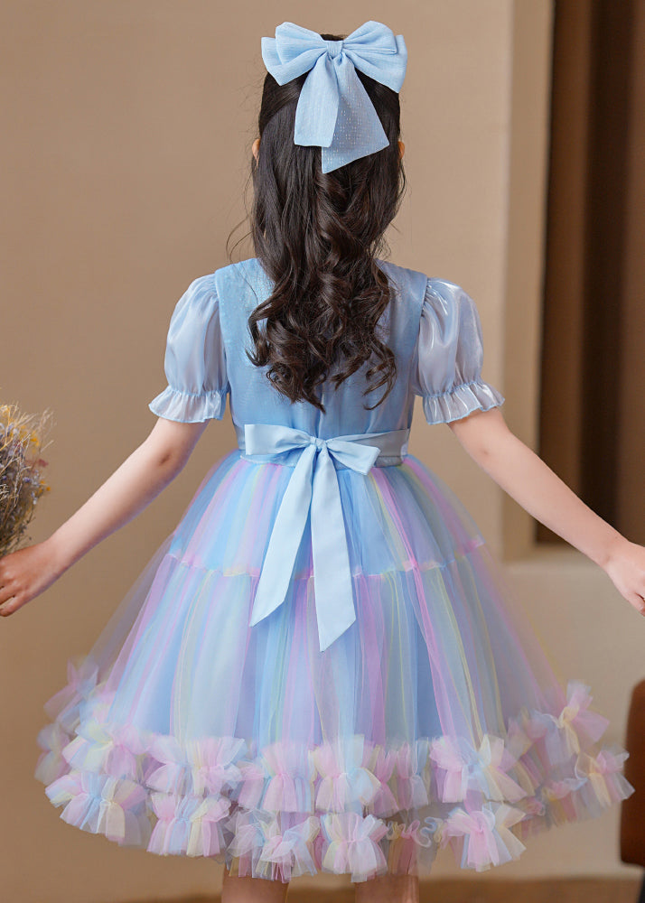 Elegant Blue Puff Sleeve Rainbow Exra Large Hem Tulle Kids Girls Dress Summer