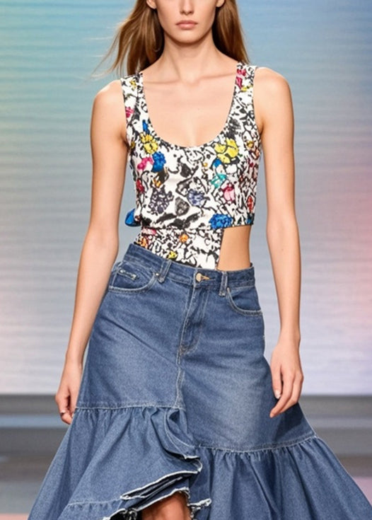 Elegant Blue Ruffled Patchwork Side Open Denim Skirts Spring