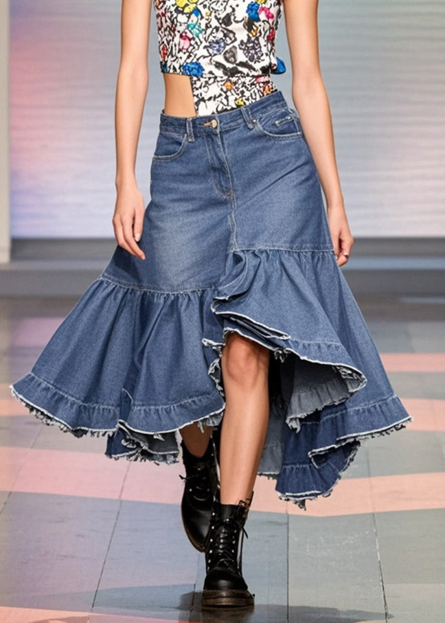 Elegant Blue Ruffled Patchwork Side Open Denim Skirts Spring