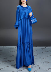 Elegant Blue Ruffled Tie Waist Cotton Maxi Dress Fall