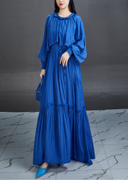 Elegant Blue Ruffled Tie Waist Cotton Maxi Dress Fall