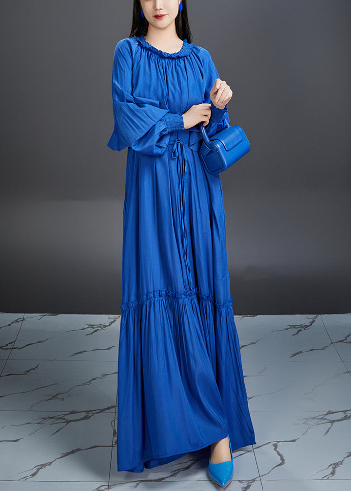 Elegant Blue Ruffled Tie Waist Cotton Maxi Dress Fall