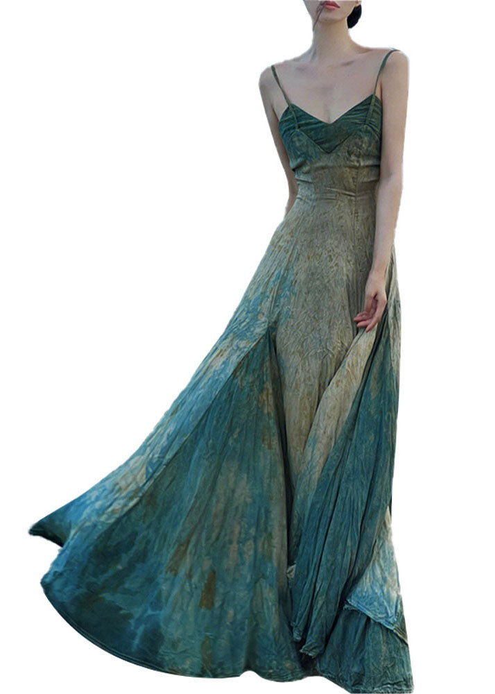 Elegant Blue Slash Neck Tie Dye Spaghetti Strap Maxi Dress Sleeveless