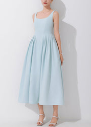 Elegant Blue Square Collar High Waist Spaghetti Strap Dress Sleeveless