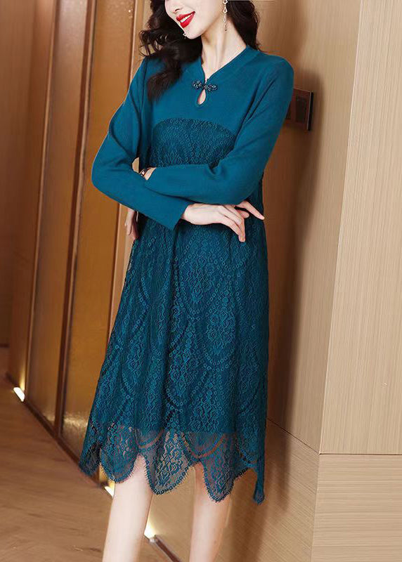 Elegant Blue Stand Collar Knit Patchwork Lace Sweater Dress Fall