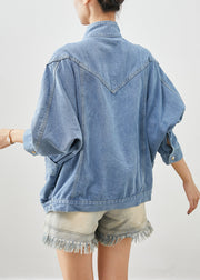 Elegant Blue Stand Collar Oversized Denim Coat Fall