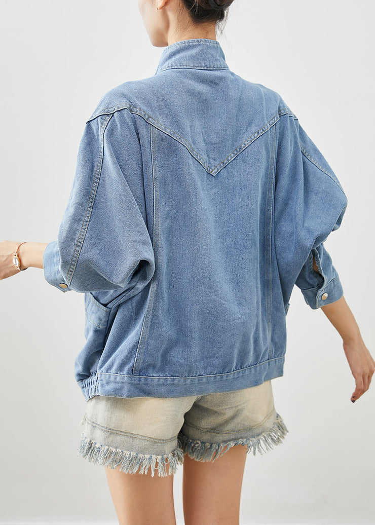 Elegant Blue Stand Collar Oversized Denim Coat Fall